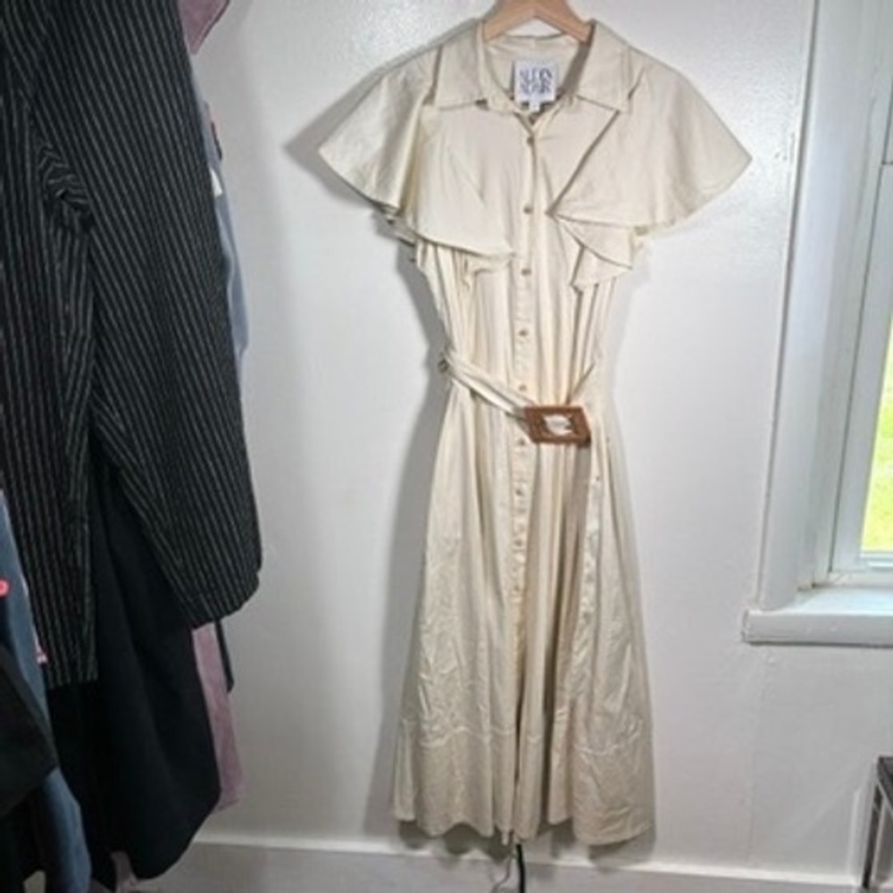 Alden Adair Button Front Dress Women Sz S Cream Ruffle Flutter Sleeve Belted - Picture 4 of 13